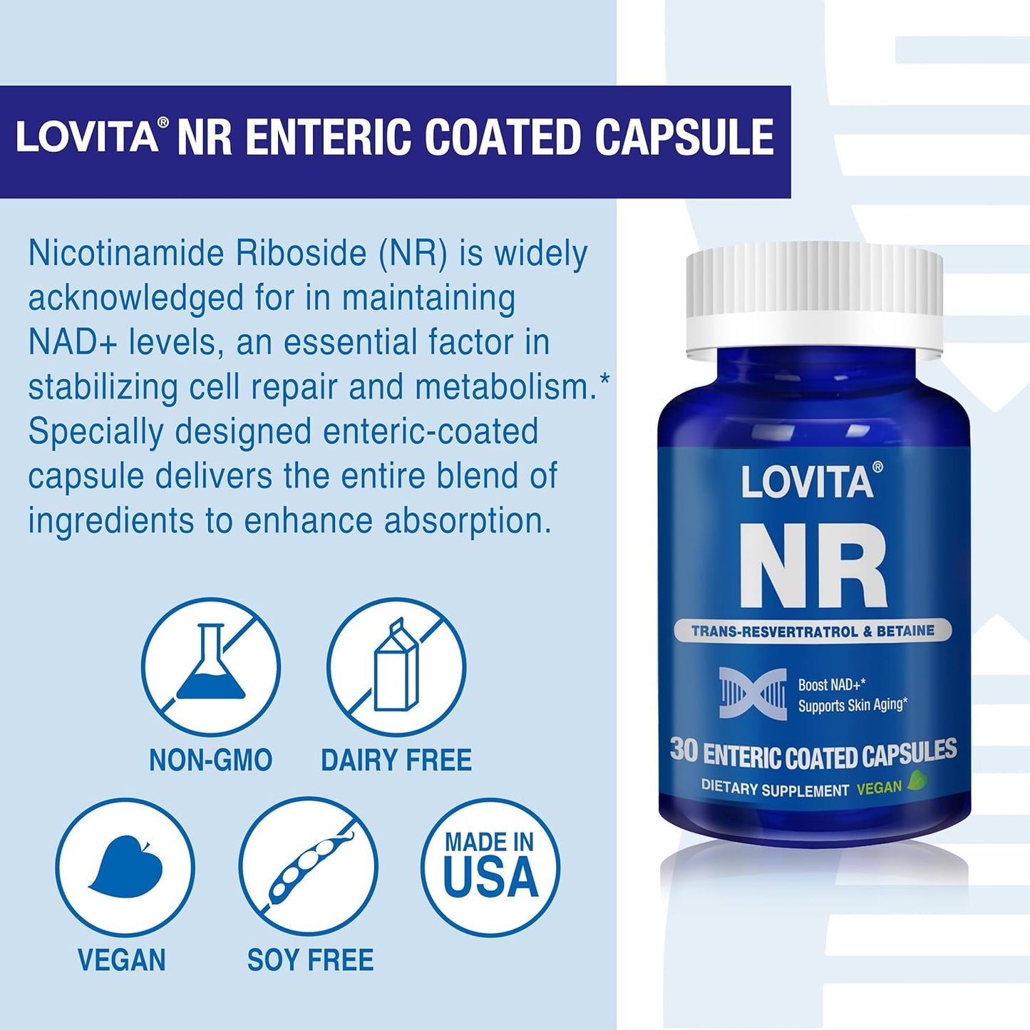 Lovita NR (Nicotinamide Riboside) 350 mg, Similar to NMN, NAD Supplement with Resveratrol and Betaine, 30 Vegetarian Capsules