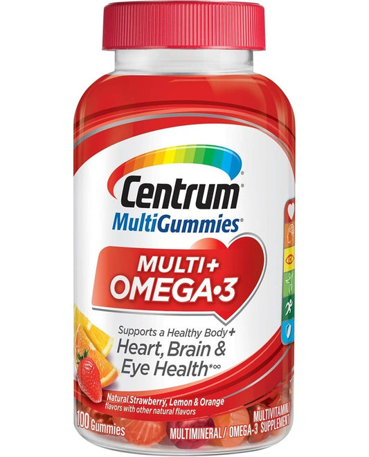 Centrum MultiGummies Multi + Omega-3 Natural Strawberry, Lemon, Orange Flavors - 100 Count