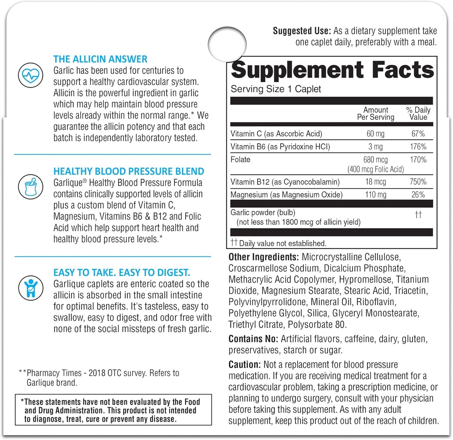 Garlique Healthy Blood Pressure Support Supplement, Odor Free Garlic, 1800 mcg Allicin, 60 Ct