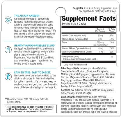 Garlique Healthy Blood Pressure Support Supplement, Odor Free Garlic, 1800 mcg Allicin, 60 Ct