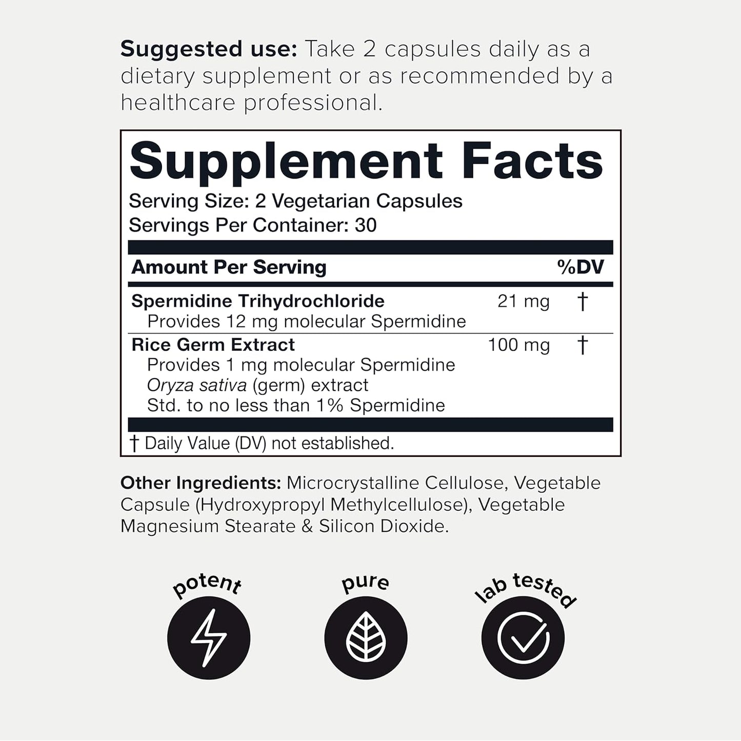 22mg Ultra Concentrated Spermidine Supplement - 3rd Party Tested Spermidine Supplements for Men and Women - Rice Germ Extract and Trihydrochloride Complex Blend - 60 Vegetarian Capsules - 30 Servings