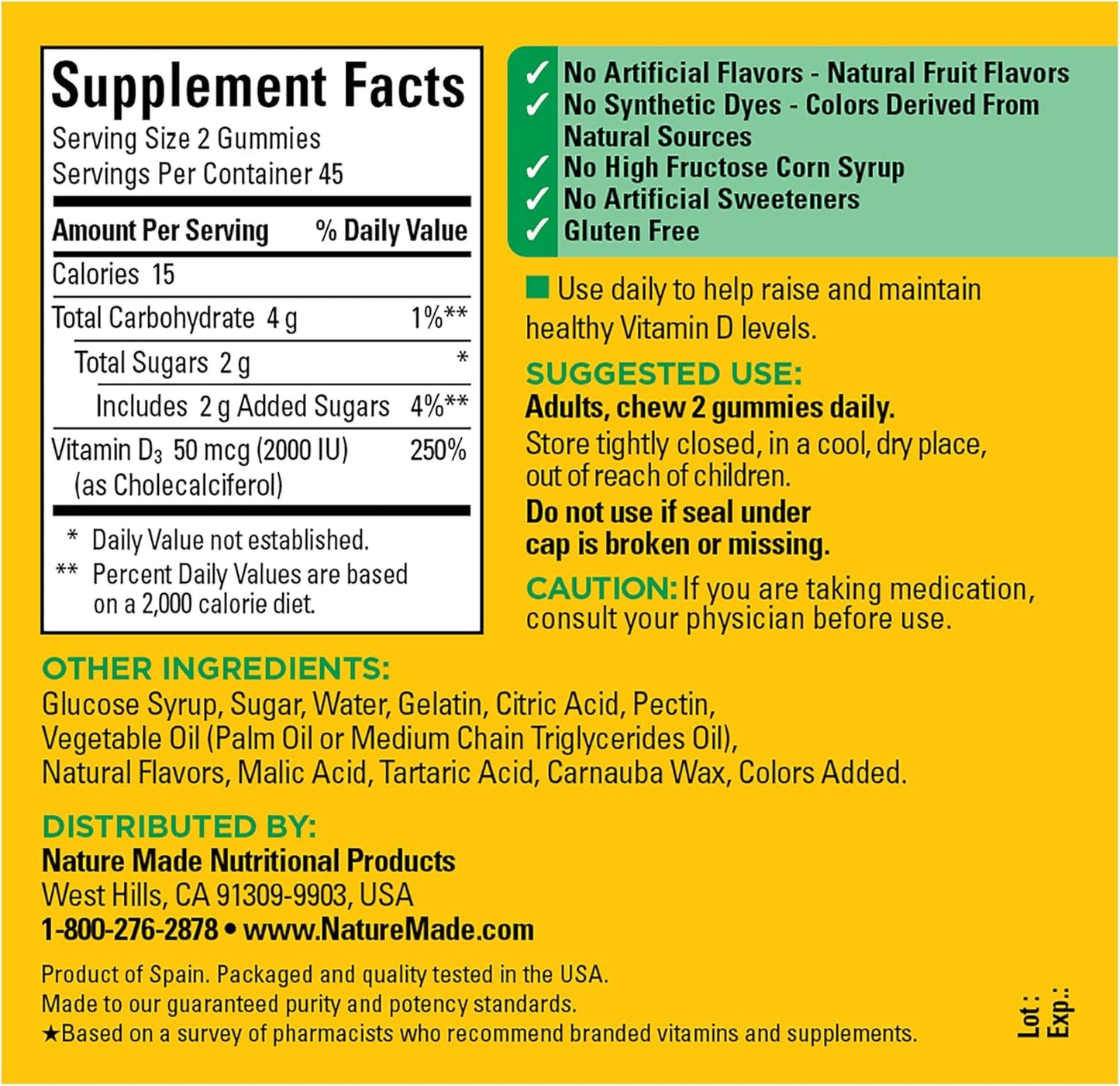 Nature Made Vitamin D3 2000 IU (50 mcg), 90 Gummies