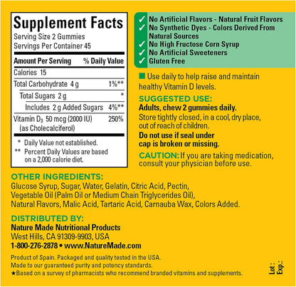 Nature Made Vitamin D3 2000 IU (50 mcg), 90 Gummies
