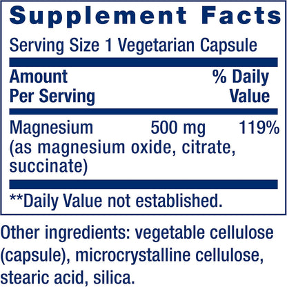 Life Extension Magnesium Caps, 500 mg, magnesium oxide, citrate, succinate, heart health, healthy bones, metabolism support, 100 vegetarian capsules