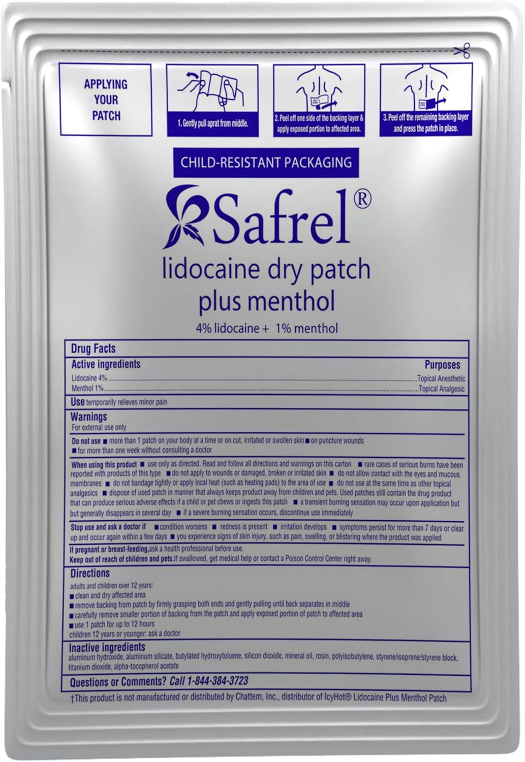 Lidocaine 4% Plus Menthol Dry Patch 5 Count, Unscented Non Gel Large Size Pain Relief Patches for Muscle Aches, Cramps, Back, Arthritis, Ankles, Elbows, Neck, Shoulder and Joint Pain Knees