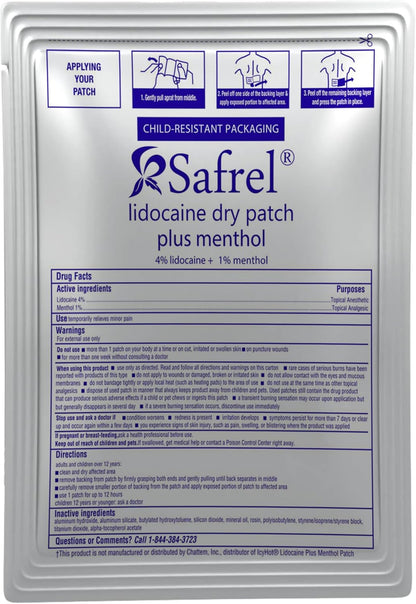 Lidocaine 4% Plus Menthol Dry Patch 5 Count, Unscented Non Gel Large Size Pain Relief Patches for Muscle Aches, Cramps, Back, Arthritis, Ankles, Elbows, Neck, Shoulder and Joint Pain Knees