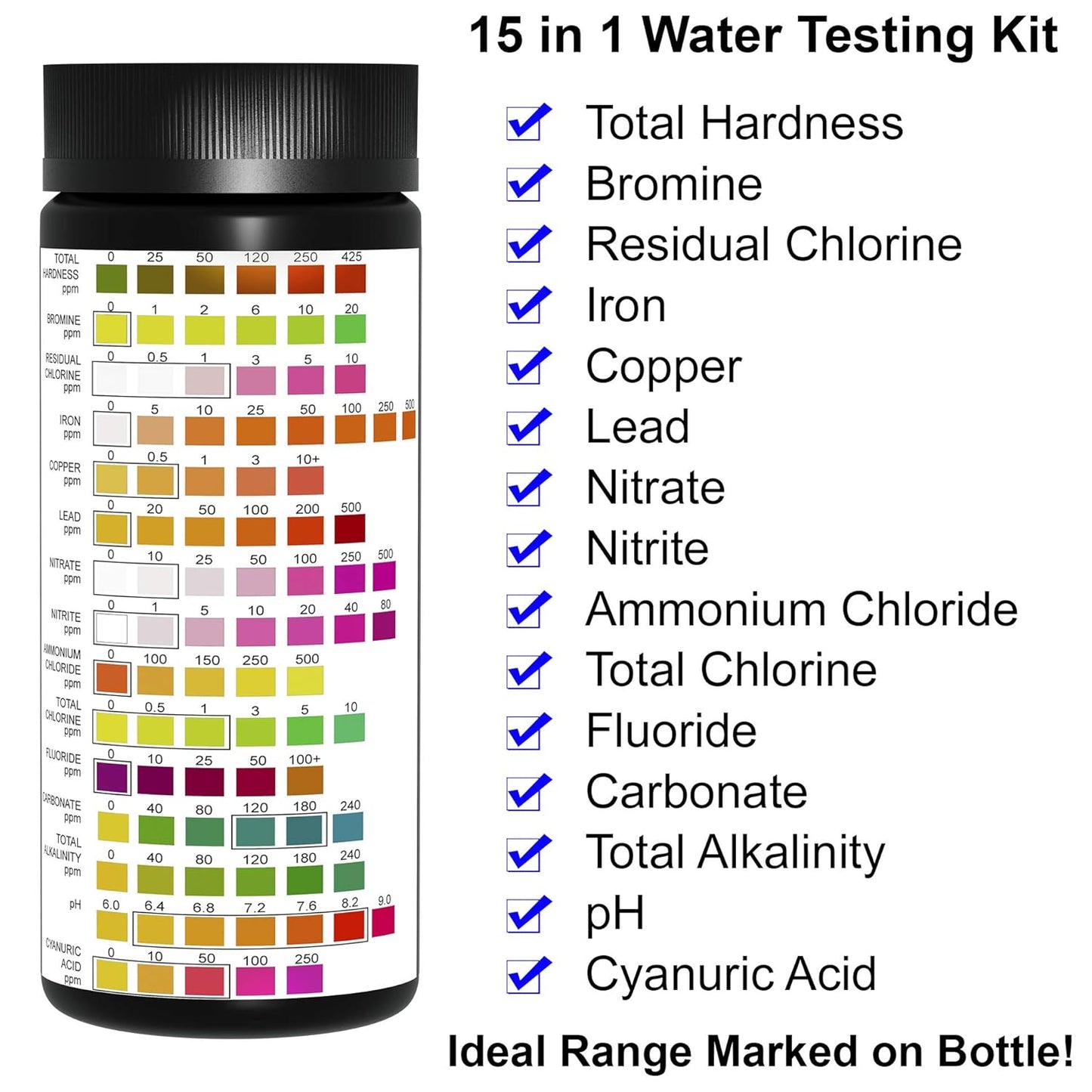 JNW Direct Drinking Water Test Kit - 15-in-1 Chlorine Drinking Water Test Strips with eBook - Lead Testing Kits for Drinking Water - Test Iron, Bromine, pH, Hardness, and More - 100 Tests