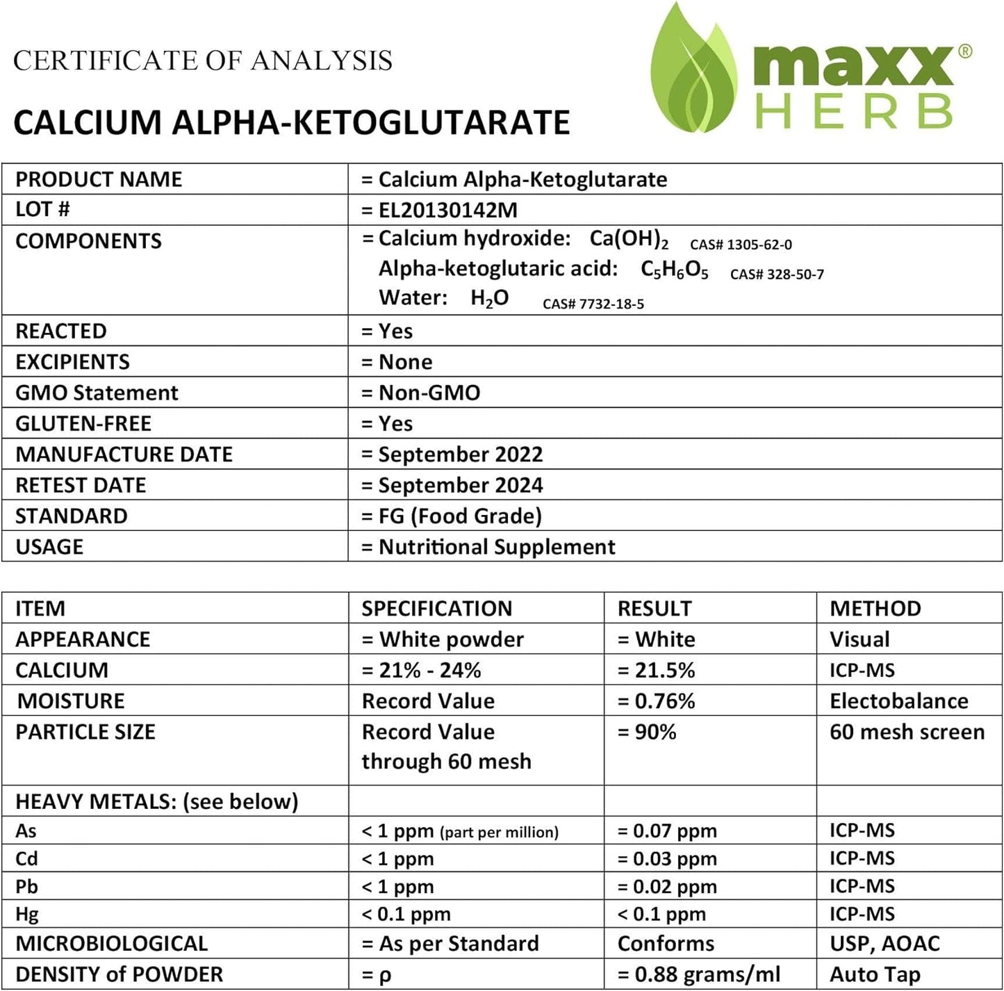 Maxx Herb Calcium AKG, Pure Calcium Alpha - Ketoglutarate Powder (Ca-AKG), for Energy, Vitality, Mental Focus, Clarity & DNA Structure, Non-GMO & Gluten Free - 100 Gram Jar (67 Servings)