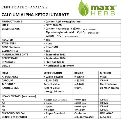Maxx Herb Calcium AKG, Pure Calcium Alpha - Ketoglutarate Powder (Ca-AKG), for Energy, Vitality, Mental Focus, Clarity & DNA Structure, Non-GMO & Gluten Free - 100 Gram Jar (67 Servings)
