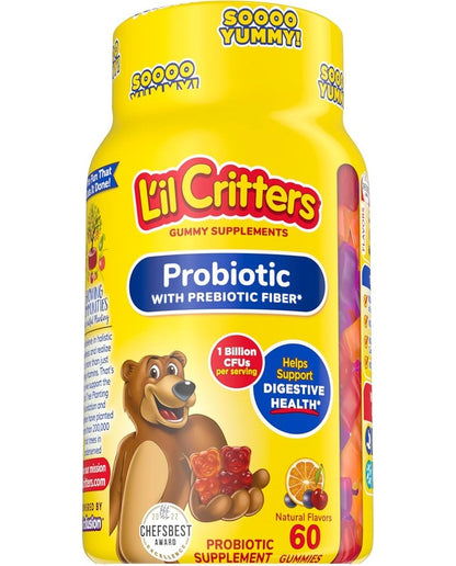 L’il Critters Probiotic Daily Gummy Supplement for Kids, for Digestive Health Support, Grape, Cherry and Orange Flavors, 60 Gummies