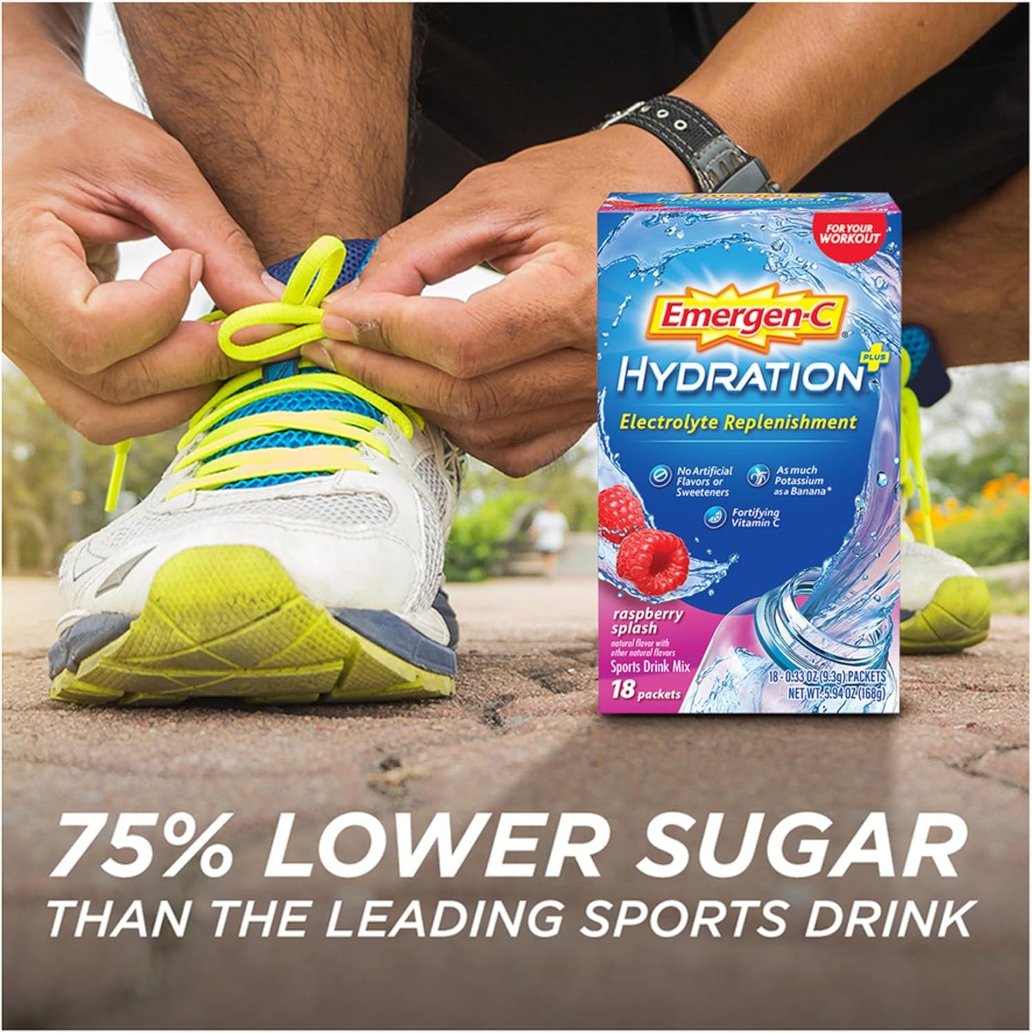 Emergen-C Hydration+ Sports Drink Mix With Vitamin C (18 Count, Raspberry Flavor), Electrolyte Replenishment, 0.33 Ounce Powder Packets Emergen-C