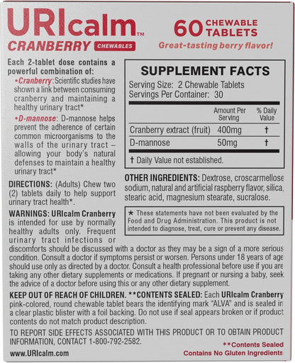 URIcalm Cranberry Urinary Tract Health Supplement, Chewable, Berry Flavor, 40 Count
