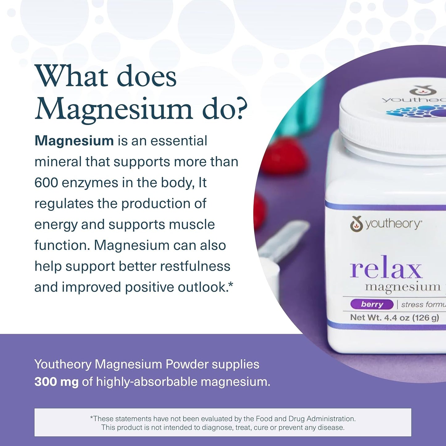 Youtheory Relax Magnesium Powder - Supports Relaxation* - Dairy, Soy & Gluten Free - Berry, 4.4 oz