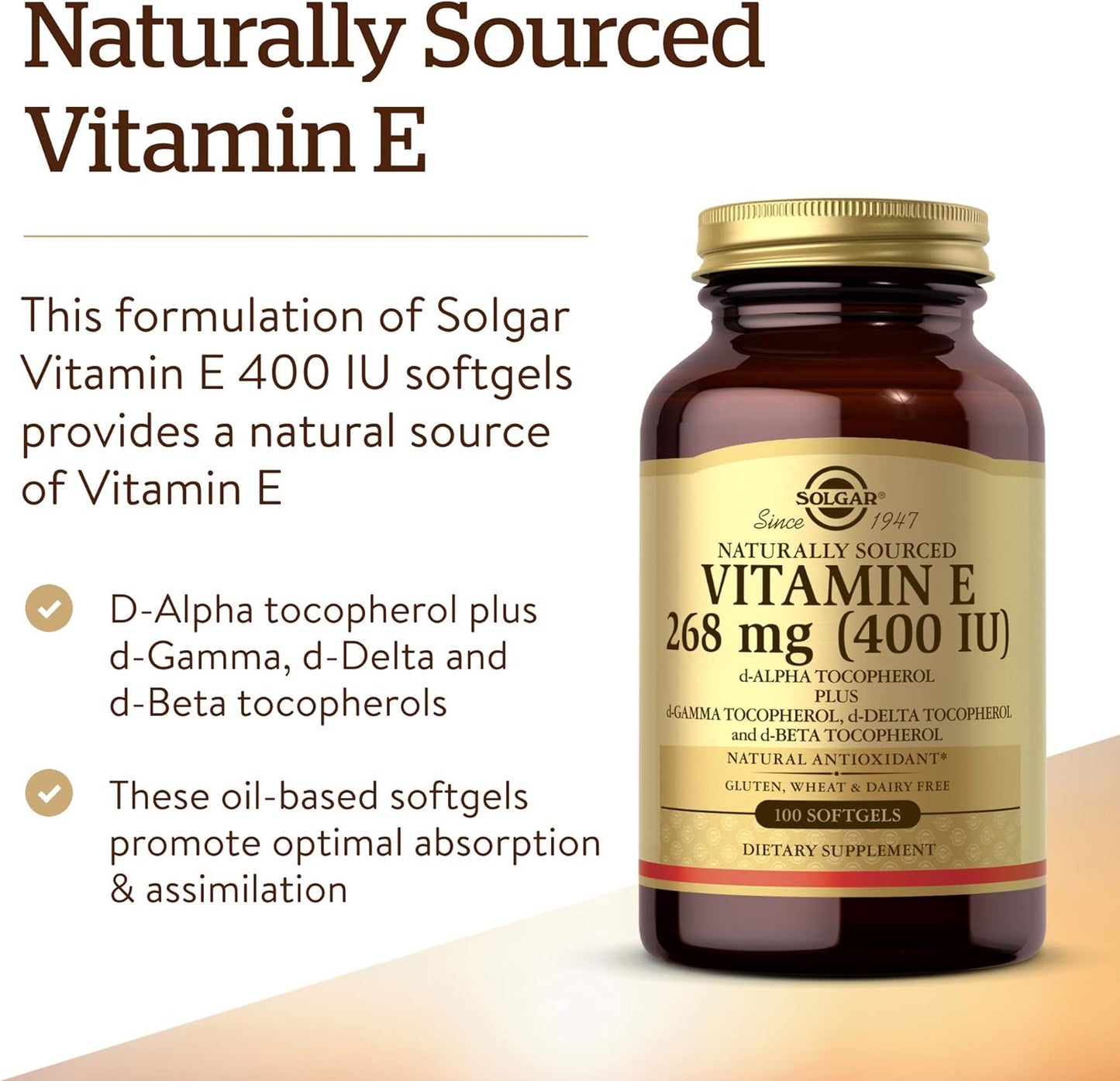 Solgar Vitamin E 268 MG (400 IU) Mixed (d-Alpha Tocopherol & Mixed Tocopherols - Supports Immune System & Skin Nutrition - Natural Antioxidant - Gluten & Dairy Free - 100 Count (Pack of 1)