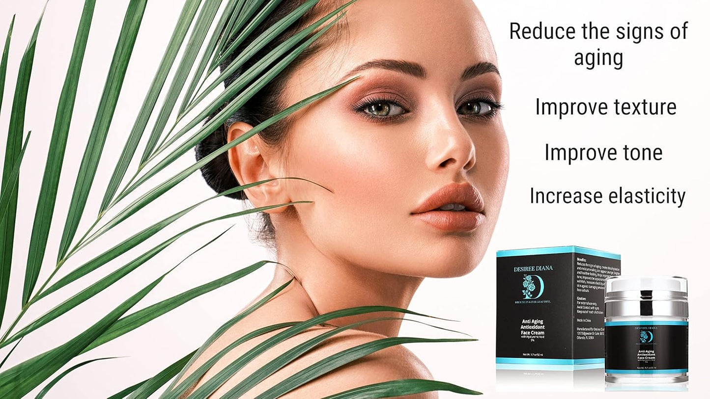 Desiree Diana Anti Aging Antioxidant Face Cream with Hyaluronic Acid 5% 1.7 oz for all Skin Types, Moisturizes, Increases Elasticity, Improves the Appearance of Fine