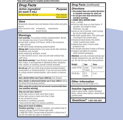 Genexa Infants’ Acetaminophen Oral Suspension | for Babies | Temporarily Relieves Pain and Fever Symptoms | 160 mg per 5 mL | Organic Blueberry