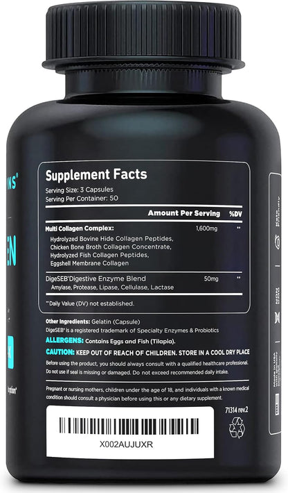 Vital Vitamins Multi Collagen Complex - Type I, II, III, V, X, Grass Fed, Non-GMO, 150 Capsules