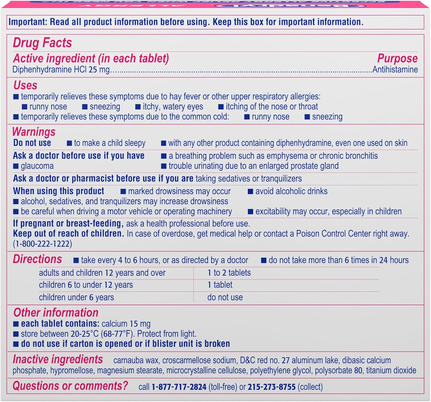 Benadryl Ultratabs Antihistamine Allergy Relief Medicine, 25 mg Diphenhydramine HCl Tablets 48 ct
