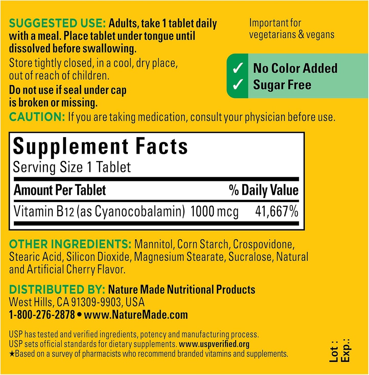 Nature Made Vitamin B12 Sublingual 1000 mcg Sugar Free Fast Dissolve Tablets, 60 Count