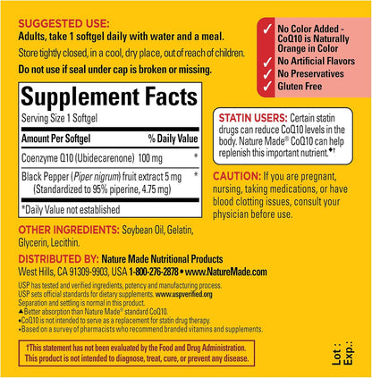 Nature Made CoQ10 100mg with Black Pepper Extract, 30 Softgels