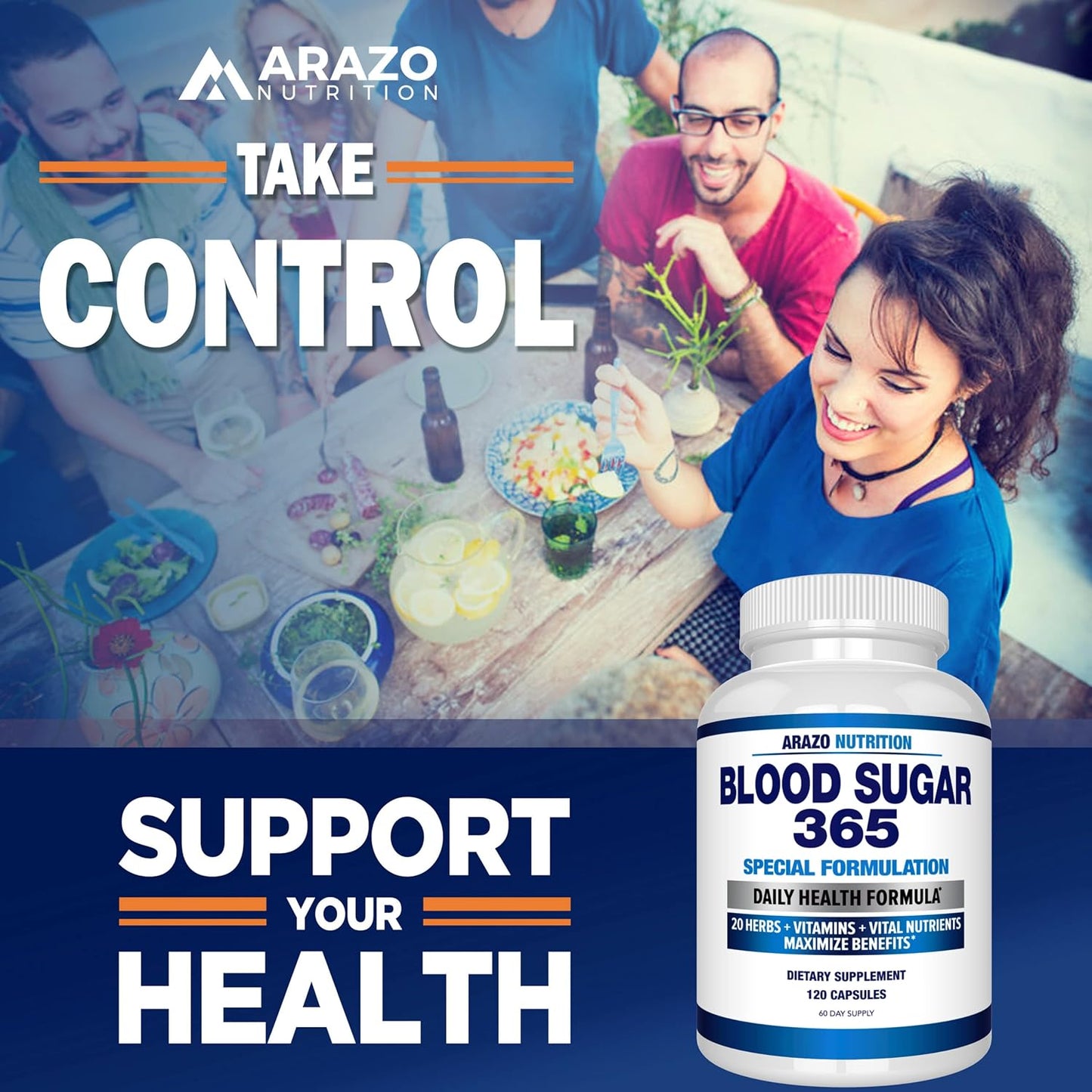 Arazo Nutrition Blood Sugar 365 Supplement - 120 Herbal Pills - 60 Day Supply