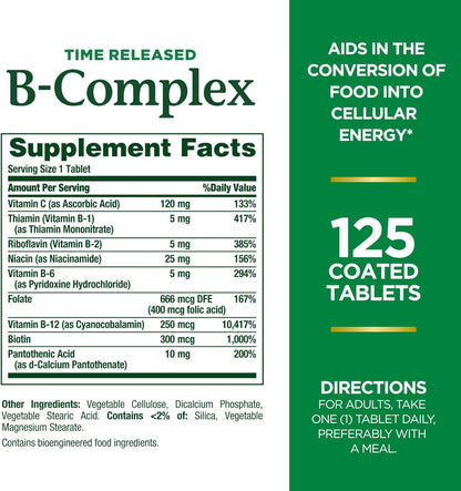 Nature's Bounty, Time Released B-Complex with Folic Acid Plus Vitamin C, 125 Coated Tablets