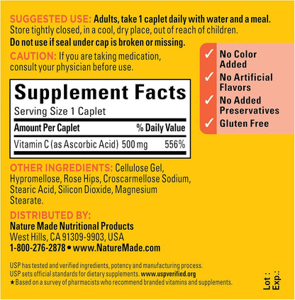 Nature Made Vitamin C 500 mg with Rose Hips, 130 Caplets