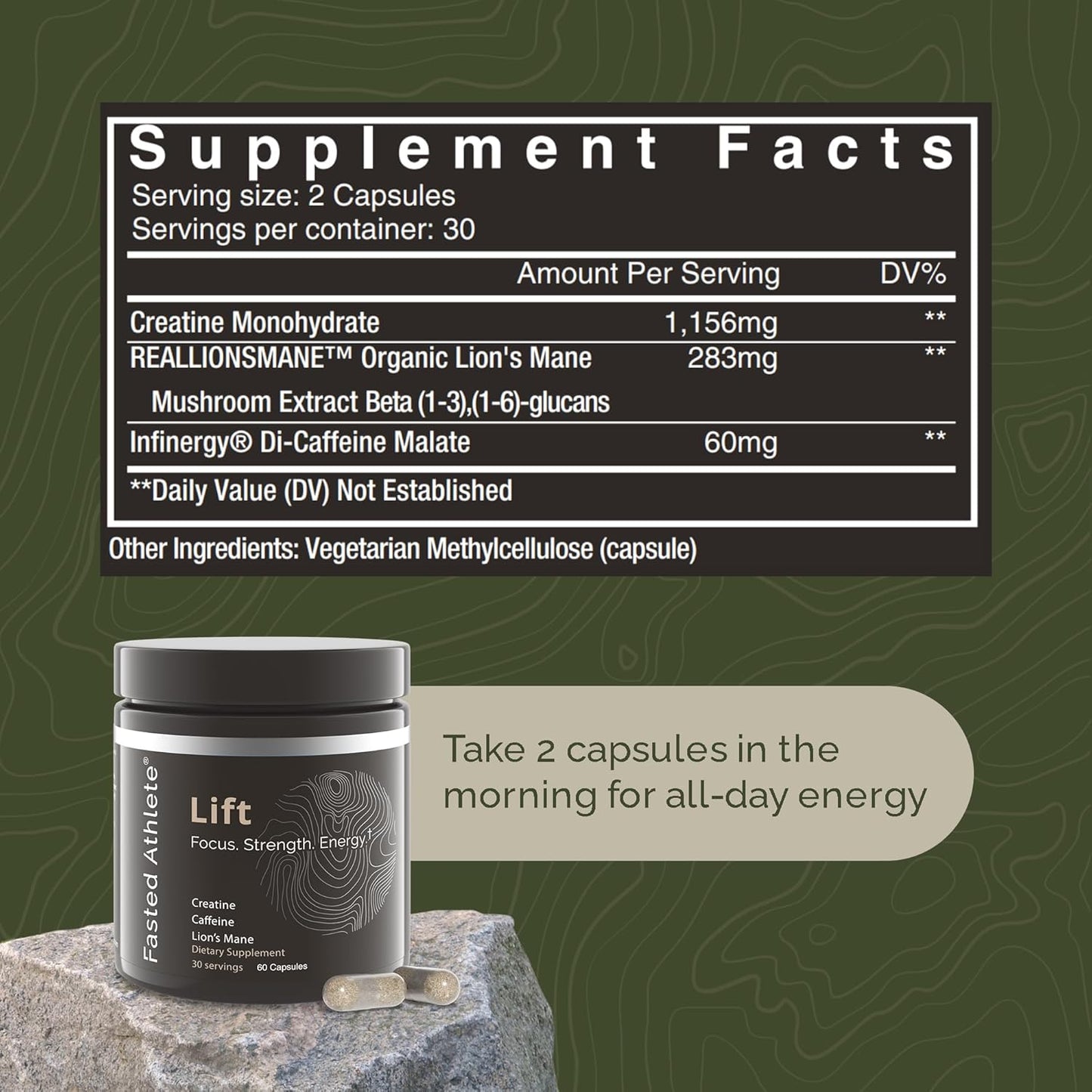 Lift – Daily Energy Supplement, Organic Lions Mane Mushroom for Focus and Sustained Energy + Creatine Monohydrate for Workout Strength and Lean Muscle, 60 Count