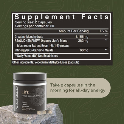 Lift – Daily Energy Supplement, Organic Lions Mane Mushroom for Focus and Sustained Energy + Creatine Monohydrate for Workout Strength and Lean Muscle, 60 Count
