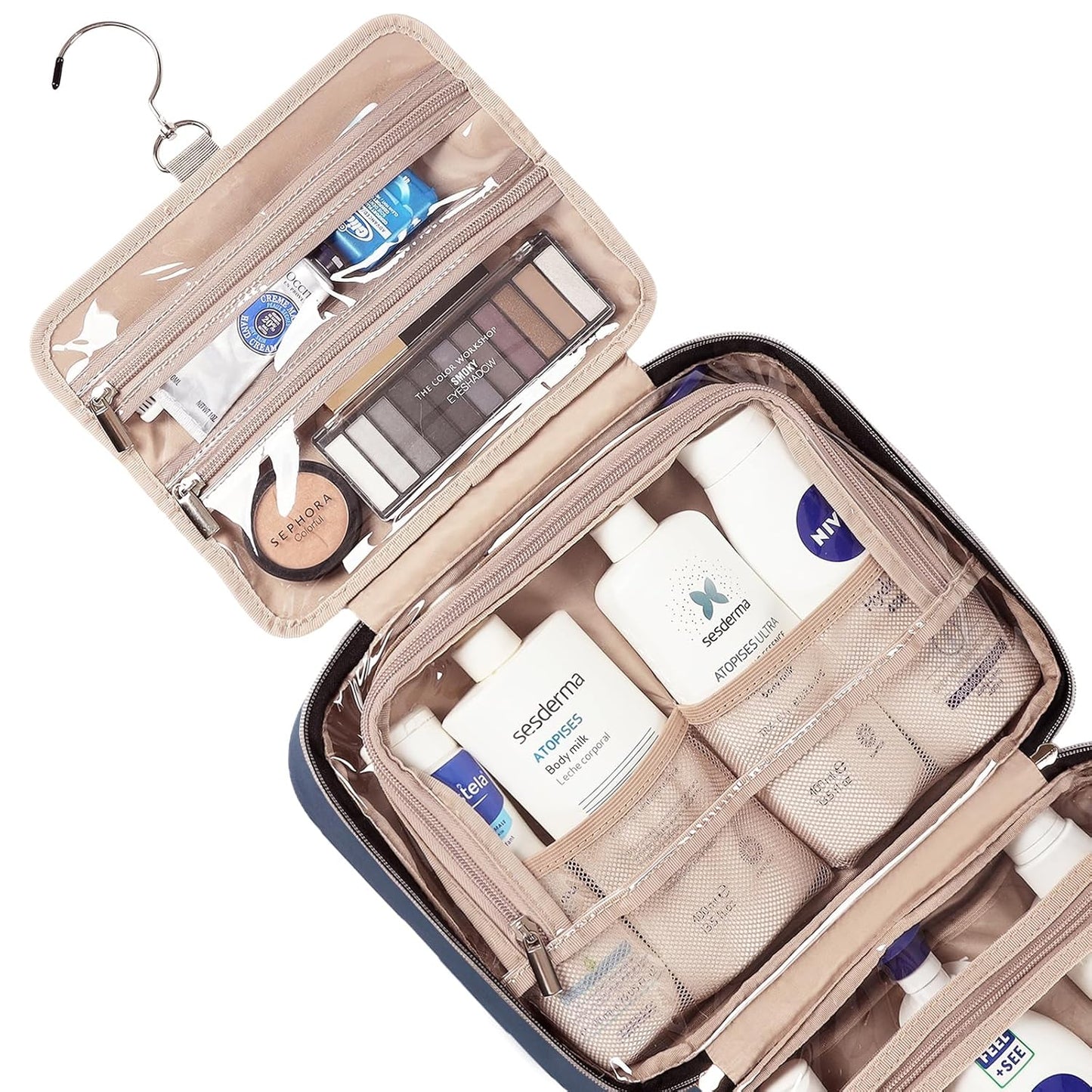 NISHEL Travel Toiletry Bag for women, Portable Hanging Organizer for Full-Sized Shampoo, Conditioner, Brushes Set, Travel-Size Accessories, Aegean-Blue