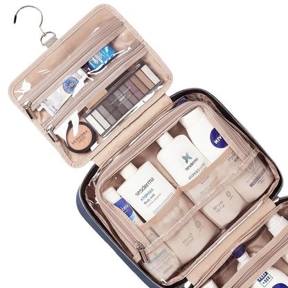 NISHEL Travel Toiletry Bag for women, Portable Hanging Organizer for Full-Sized Shampoo, Conditioner, Brushes Set, Travel-Size Accessories, Aegean-Blue