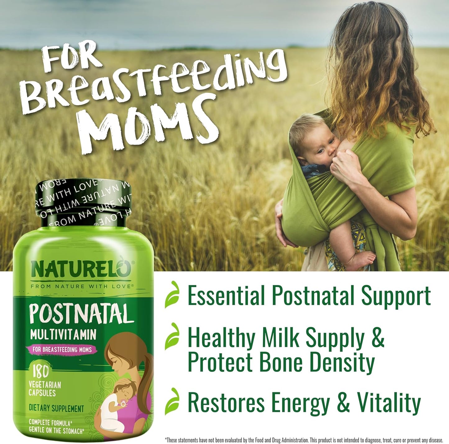 NATURELO Postnatal Multivitamin - Supplement for Breastfeeding Women - Plant-Based Vitamin D, Folate, Gentle Iron - for Nursing Mother, Baby - Post Natal Lactation Support (180 Count (Pack of 1))