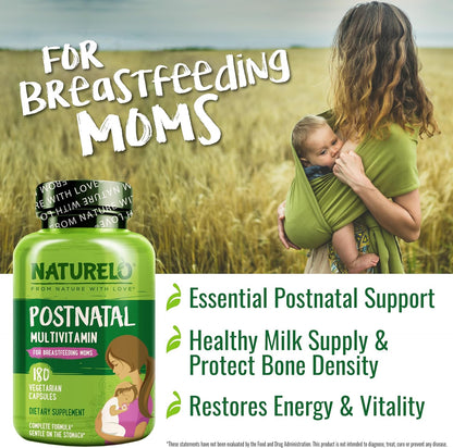 NATURELO Postnatal Multivitamin - Supplement for Breastfeeding Women - Plant-Based Vitamin D, Folate, Gentle Iron - for Nursing Mother, Baby - Post Natal Lactation Support (180 Count (Pack of 1))