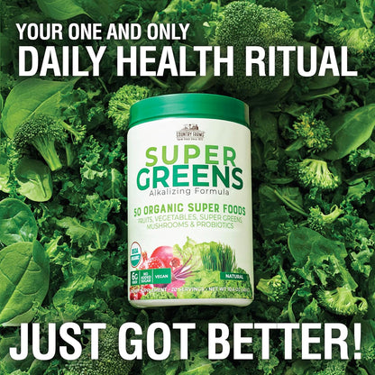 COUNTRY FARMS Super Greens Natural Flavor, 50 Organic Super Foods, 20 Servings, 10.6 Oz
