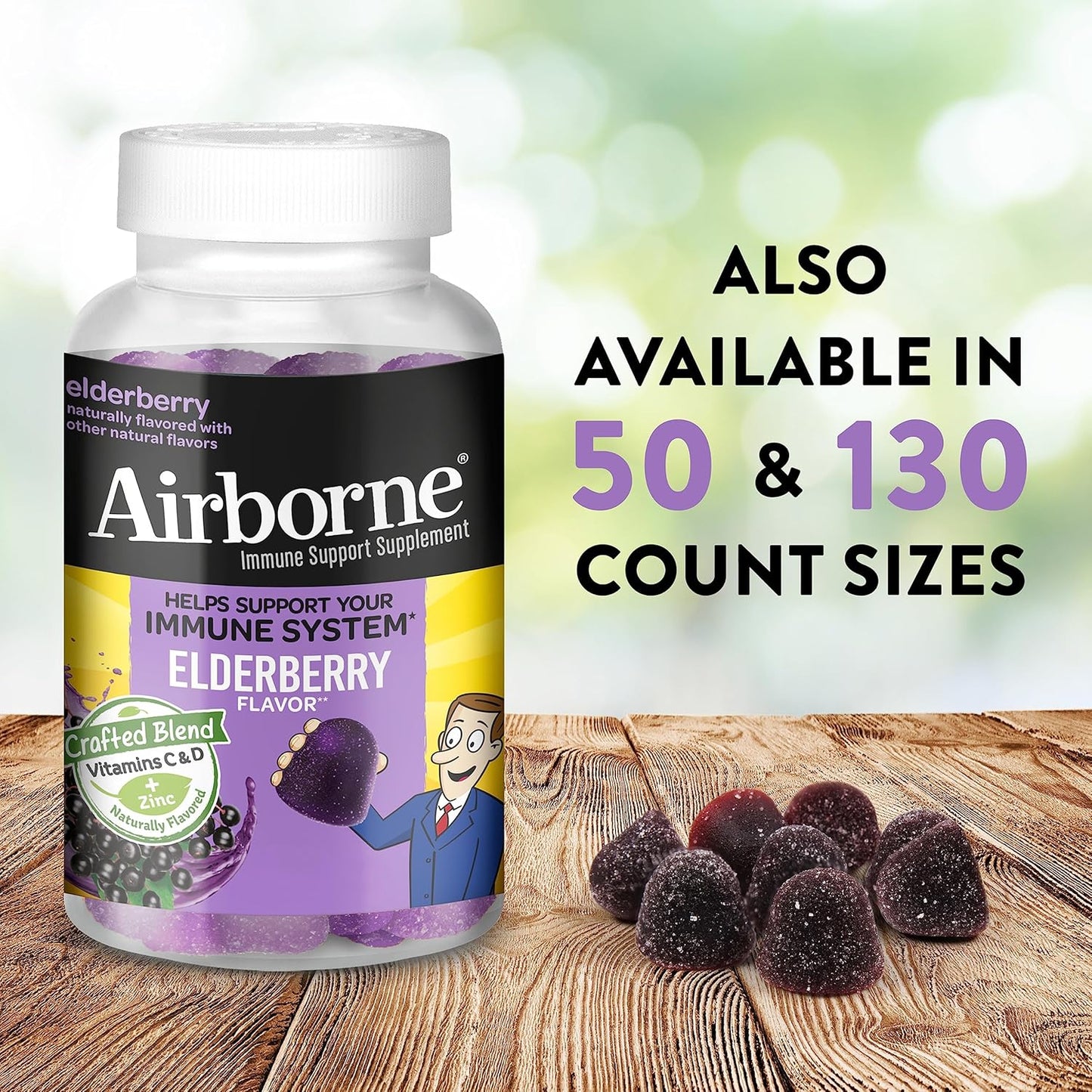 Airborne Elderberry + Zinc & Vitamin C Gummies For Adults, Immune Support Vitamin D & Zinc Gummies with Powerful Antioxidant Vitamins C D & E - 130 Gummies, Elderberry Flavor