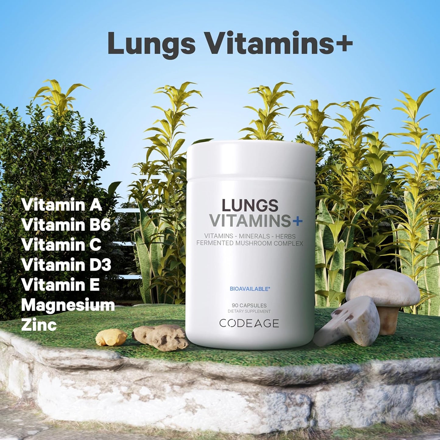 Lungs Vitamins, A, C, D, E, B6, Milk Thistle Lung Supplement, Zinc & Magnesium, Cordyceps, Reishi, Ginger, Peppermint Leaf Organic Herbs Cleanse, Breathing, Respiration - Non-GMO - 90 Capsules
