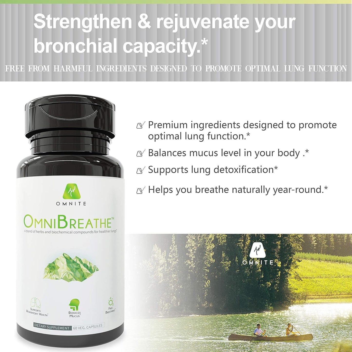 OMNIBREATHE Blend Asthma Relief,Bronchial Health,Lung Cleanse and Detox by OmniBreathe,30-Day Respiratory Wellness Supplement,Naturally Reduce Cough & Clear Mucus/Phlegm for Smokers in 24H,60 Veg Capsules