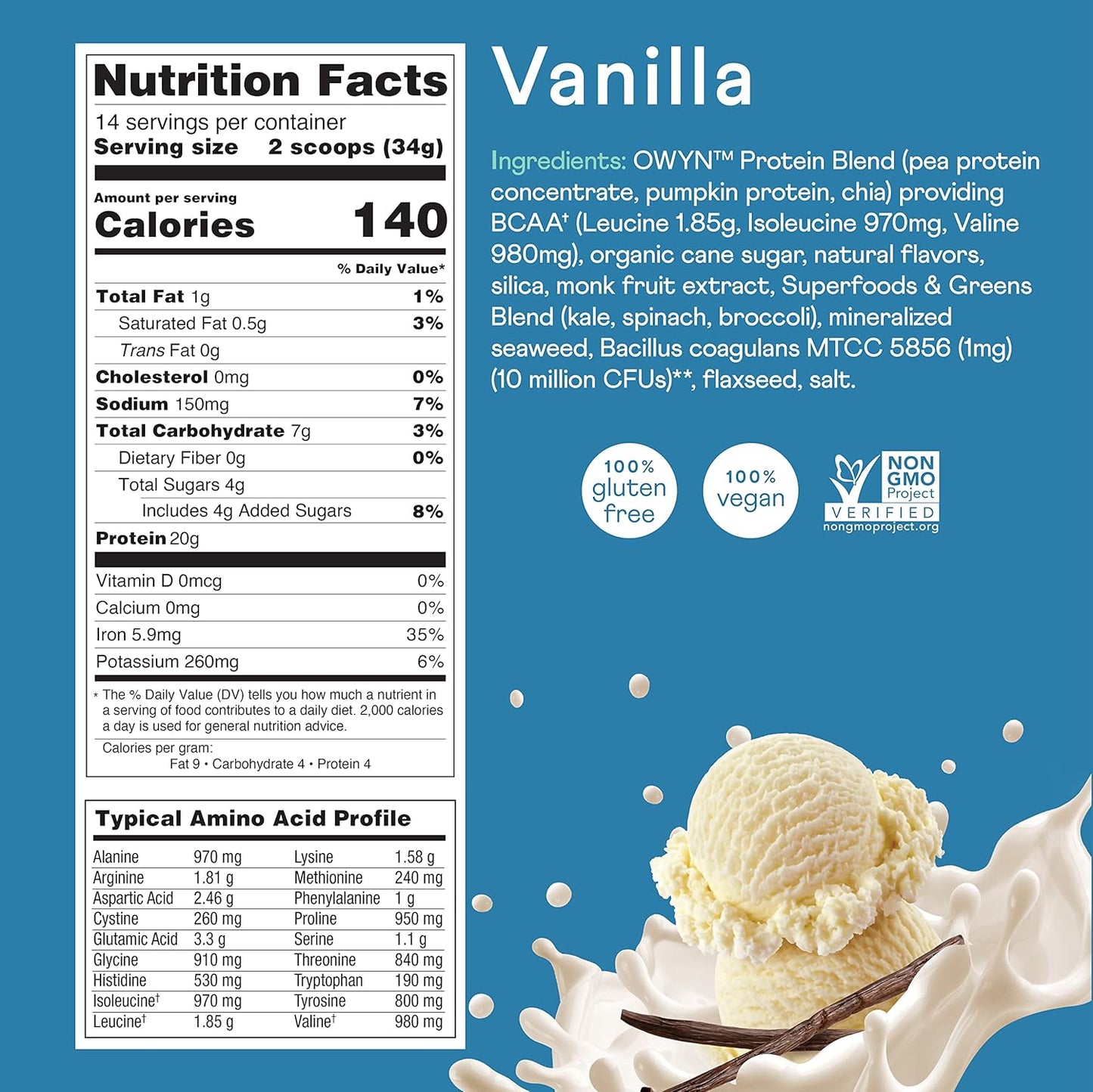 OWYN Only What You Need Plant-Based Protein Powder, Smooth Vanilla, 1.05 lbs