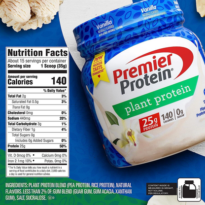 Premier Protein Powder Plant Protein, Vanilla, 25g Plant-Based Protein, 0g Sugar, Gluten Free, No Soy or Dairy Ingredients, 15 Servings