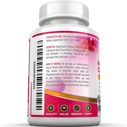 BRI Nutrition Phytoceramides - Natural Anti-Aging Skin & Hair Vitamins for Collagen Boost & Rejuvenation w Vitamins A + C + D + E - 350mg per Serving - 30 Count
