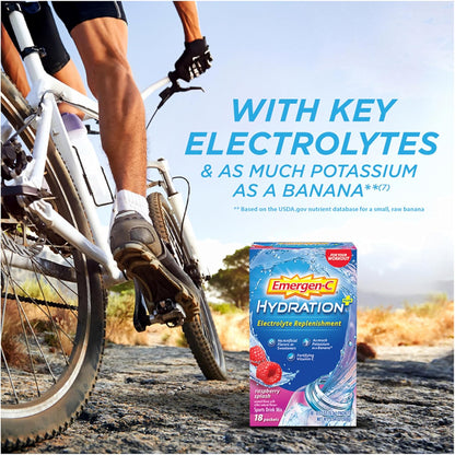 Emergen-C Hydration+ Sports Drink Mix With Vitamin C (18 Count, Raspberry Flavor), Electrolyte Replenishment, 0.33 Ounce Powder Packets Emergen-C