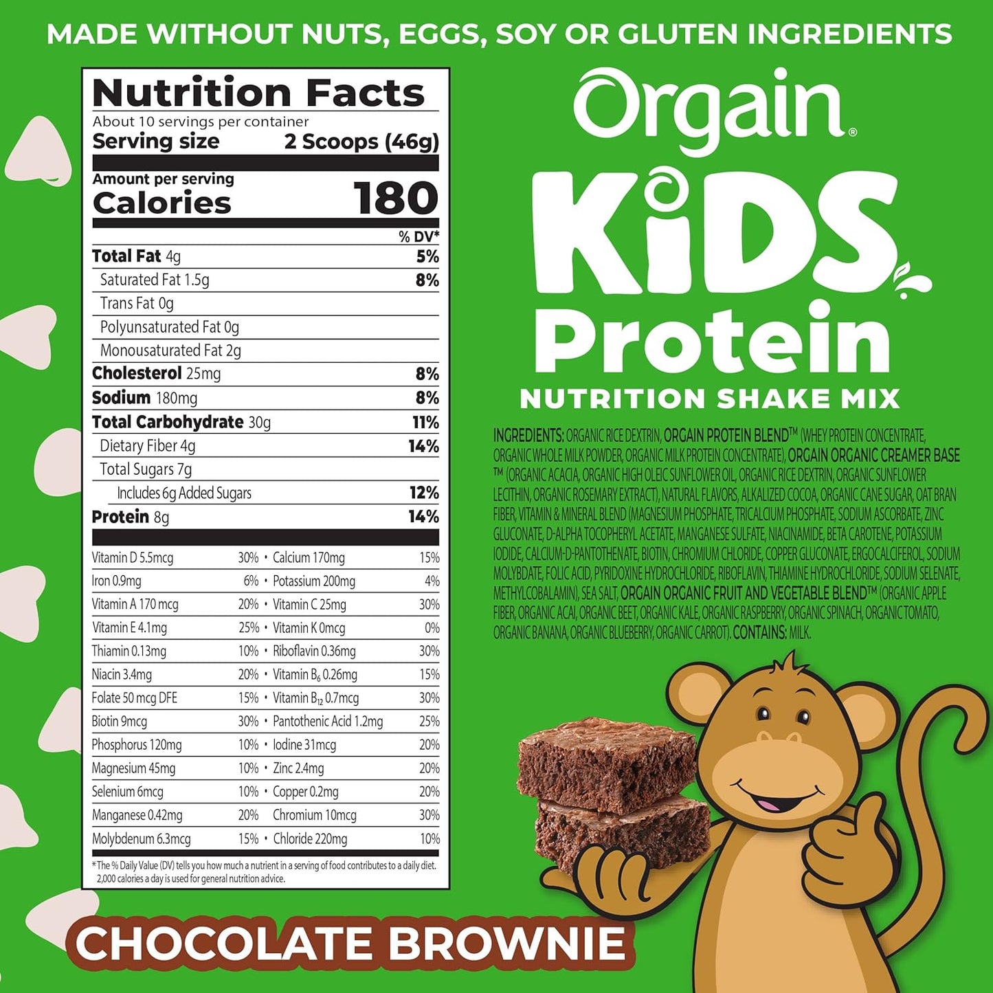 Orgain Kids Protein Powder Shake Mix, Chocolate Brownie - 8g Dairy Protein, 23 Vitamins & Minerals, Fruit & Vegetable Blend, Gluten Free, No Soy Ingredients, Add Nutrients to Kids Snacks - 1lb