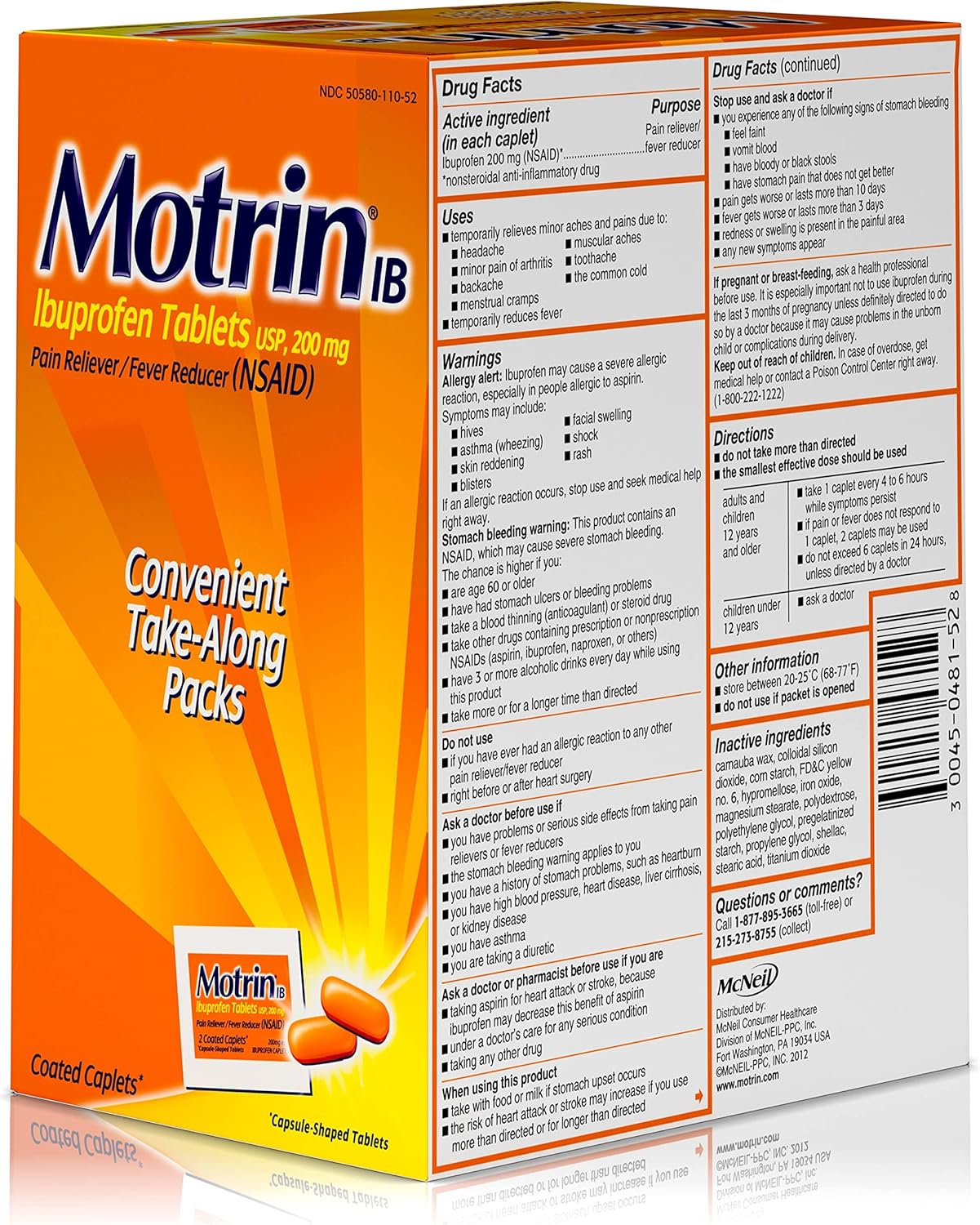 Motrin IB, Ibuprofen 200mg Tablets, Pain Reliever/Fever Reducer for Muscular Aches, Headache, Backache and Minor Arthritis Pain, Convenient for Travel & On-The-Go, 50 Packets of 2, 100 ct