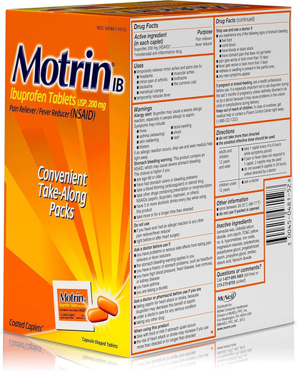 Motrin IB, Ibuprofen 200mg Tablets, Pain Reliever/Fever Reducer for Muscular Aches, Headache, Backache and Minor Arthritis Pain, Convenient for Travel & On-The-Go, 50 Packets of 2, 100 ct