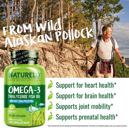 Naturelo Omega-3 Fish Oil Supplement - EPA + DHA - 1100 mg Triglyceride Omega-3 per Gel - One A Day - for Heart, Eye, Brain, Joint Health - No Burps - Lemon Flavor - 60 Softgels | 2 Month Supply