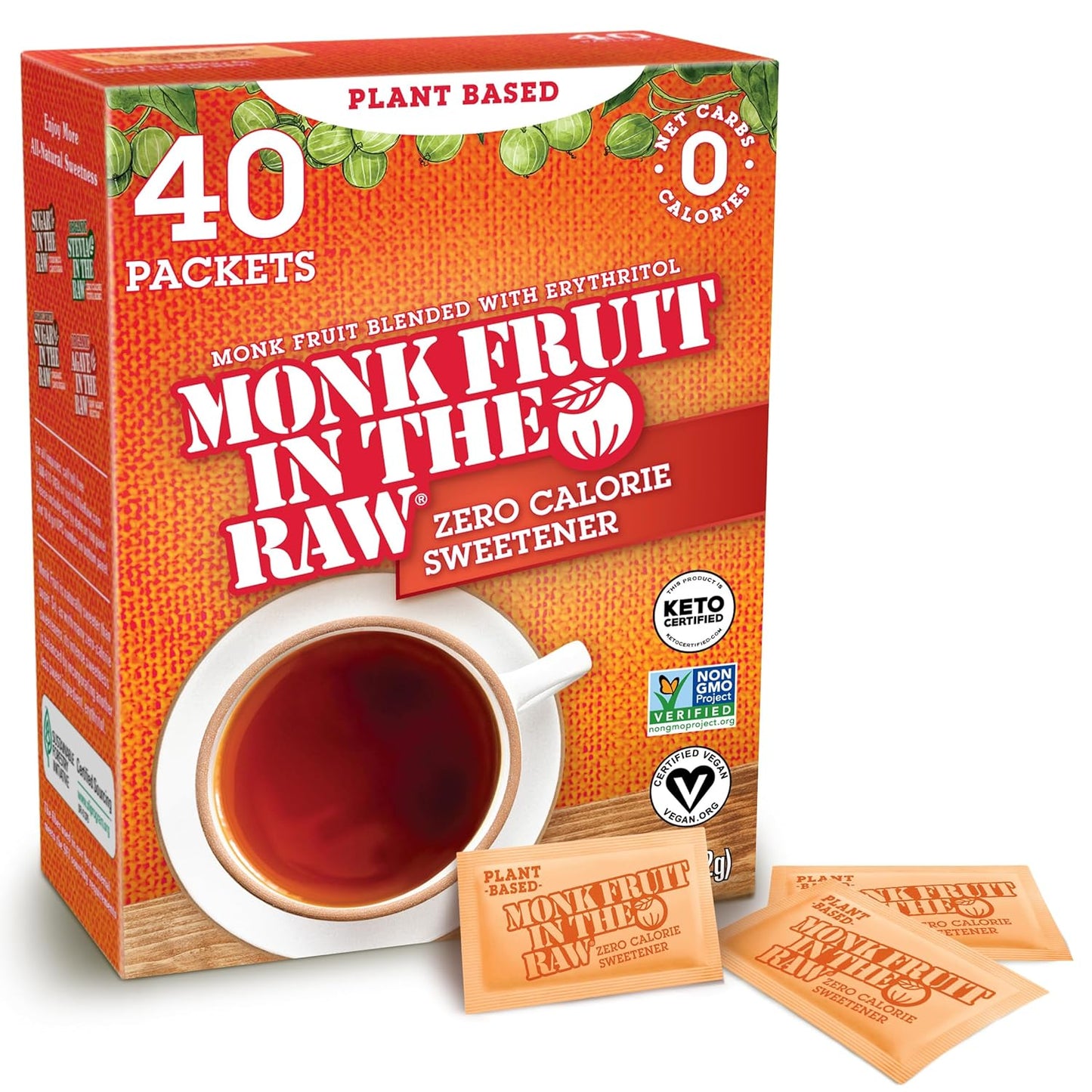 Stevia MONK FRUIT IN THE RAW, Natural Monk Fruit Sweetener, 40 Count Packets