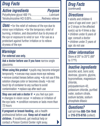 Visine Red Eye Hydrating Comfort Redness Relief and Lubricant Eye Drops to Help Moisturize and Relieve Red Eyes Due to Minor Eye Irritations Fast, Tetrahydrozoline HCl, 0.5 fl. oz