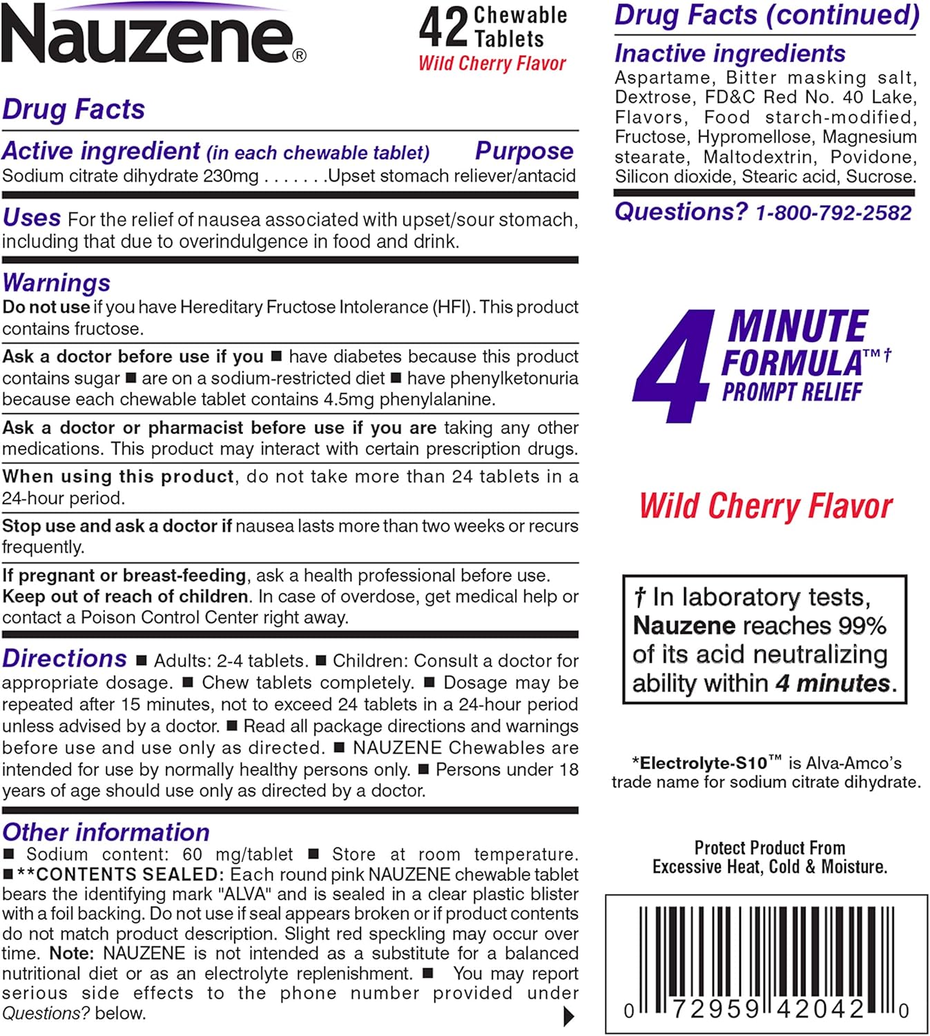 Nauzene Upset Stomach & Nausea Chewable Tablets Flavor, Wild Cherry, 42 Count