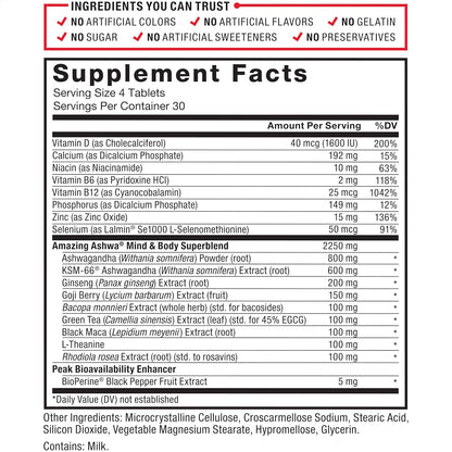 FORCE FACTOR Amazing Ashwa for Stress Relief, Memory, Focus, and Immune Support Health - 120 Tablets