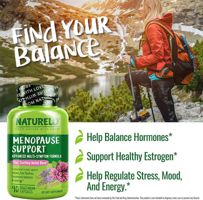 NATURELO Menopause Support, Advanced Multi-Symptom Formula w/Soothing Herbal Blend - 90 Vegetarian Capsules
